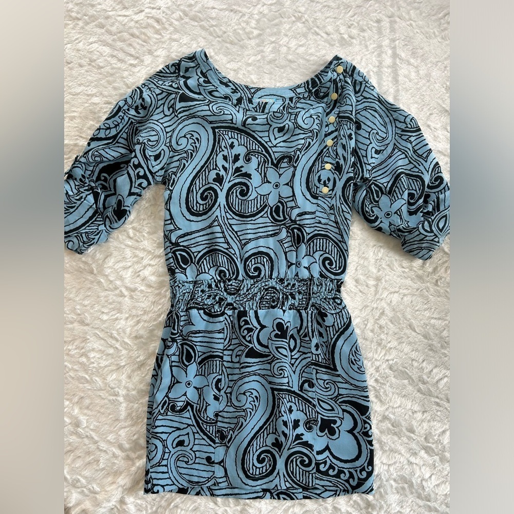 Anthropologie PLENTY Blue and Black Silk Dress - Size Small Petite